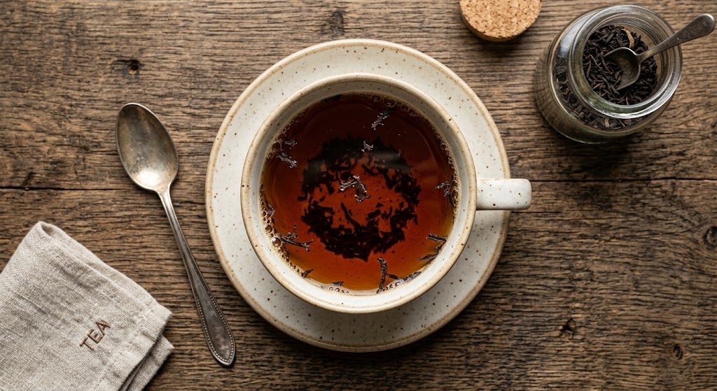 Black tea with loose leaves in a cup and saucer, with a jar of tea leaves alongside