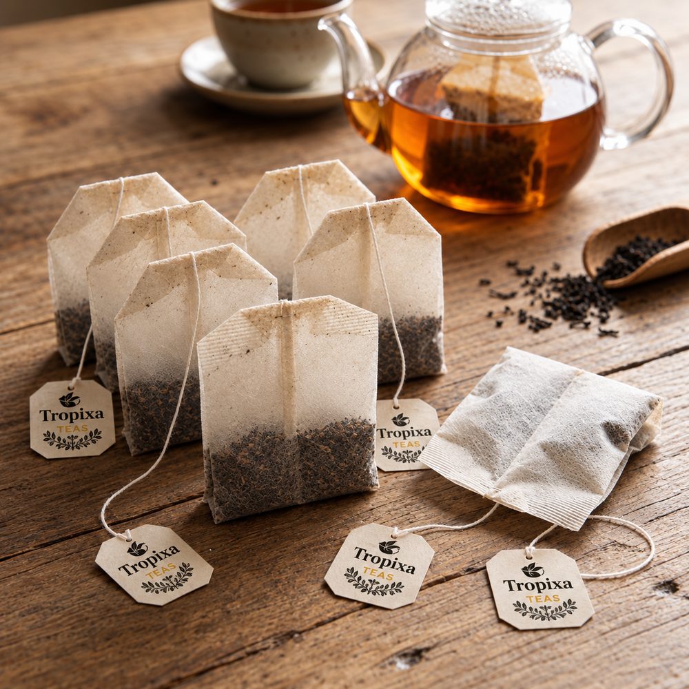 Tropixa double chamber tea bags beside a glass teapot