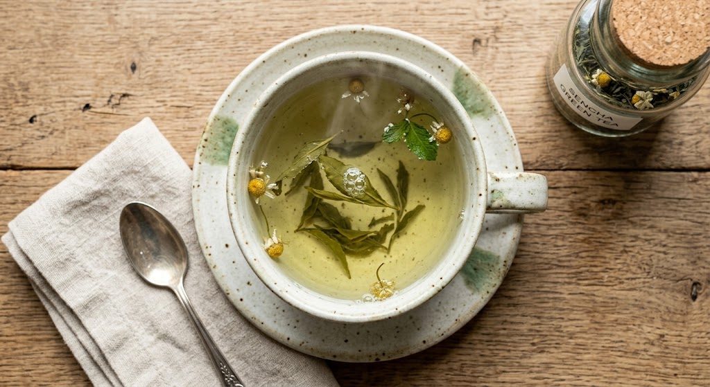 Steaming green tea with loose leaves and chamomile flowers in a ceramic cup