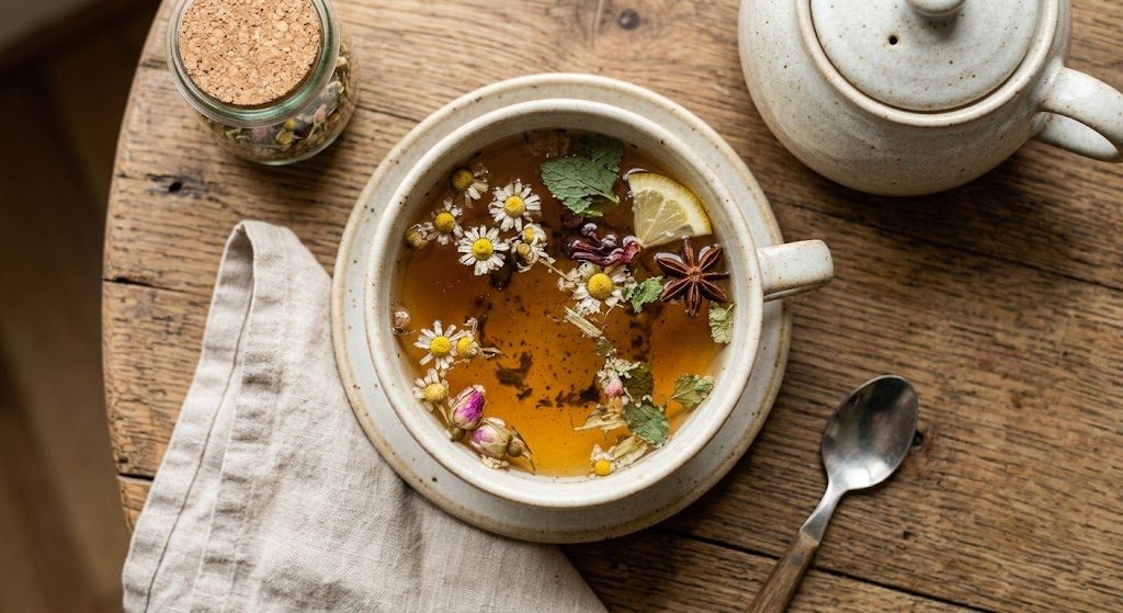 Herbal tea in a bowl-shaped cup with dried chamomile flowers, rose buds, star anise and a lemon slice