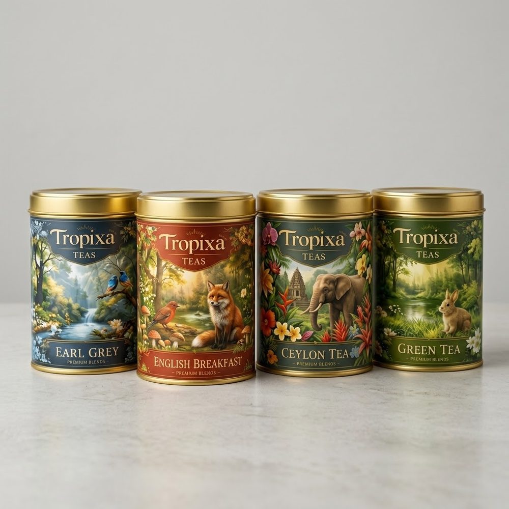 Tropixa Teas branded metal gift tins