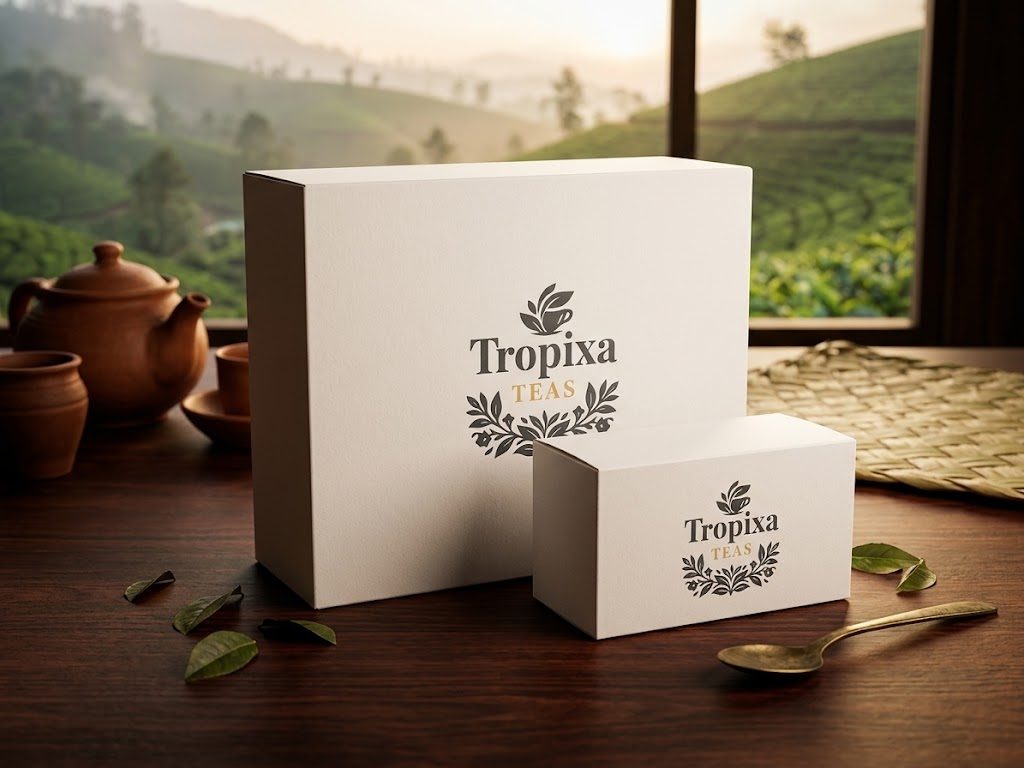 Tropixa Teas gift boxes on a wooden table overlooking a Ceylon tea plantation at sunrise