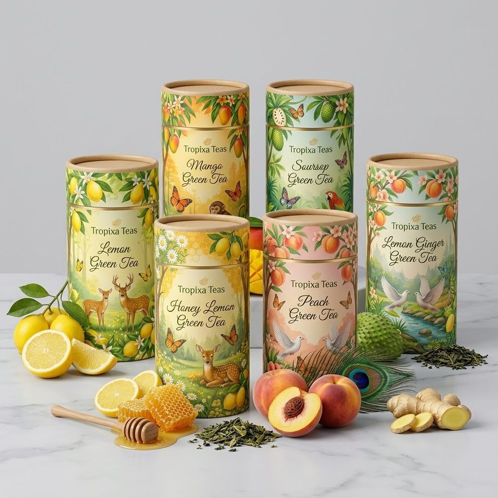 Tropixa Teas flavoured green tea in paper canisters