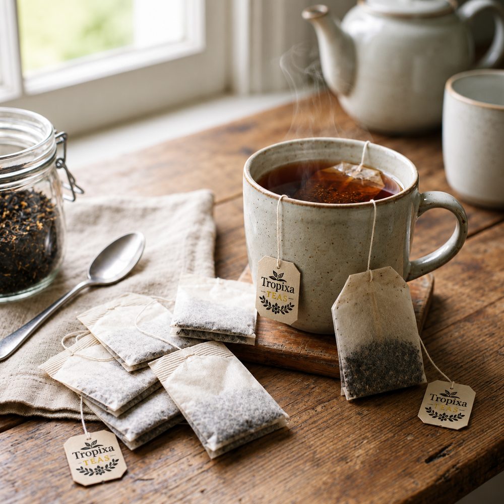 Tropixa single chamber tea bags steeping beside a mug