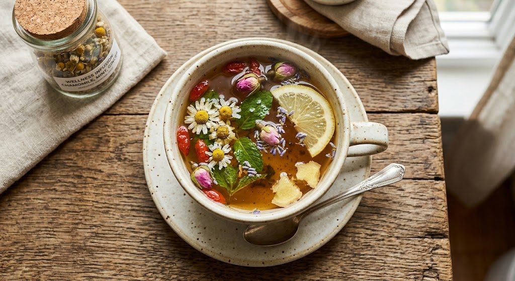 Wellness infusion tea with chamomile, rose buds, lavender, ginger and lemon